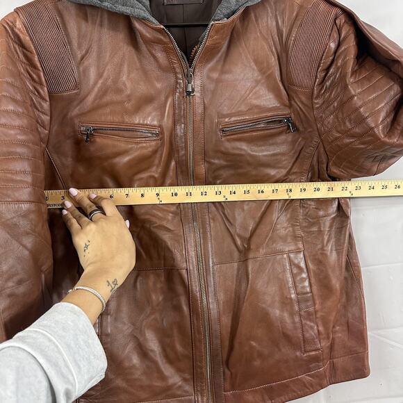 Gian Mori Leather Jacket Mens 3XL Sheepskin Moto Quilted Hooded Brown Zip Biker - Picture 13 of 16